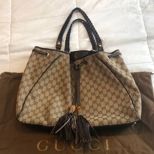 Gucci Fringe Bamboo Tassel Canvas Tote Bag